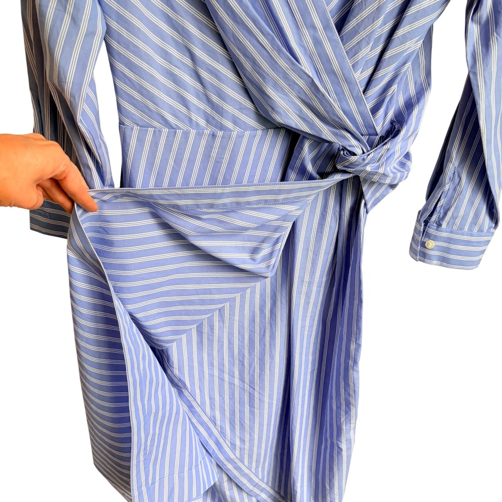 Ann Taylor NEW Striped Faux Wrap Dress 12 Petite Blue White Cotton Long Sleeve - Picture 5 of 12